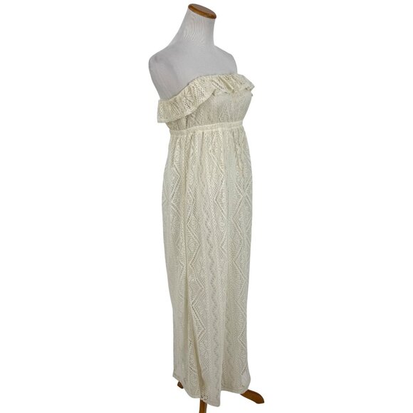 Vtg F21 Cream Lace Ruffle Hem Strapless Maxi Dress | Y2K Coquette Coastal Boho S - Picture 8 of 16